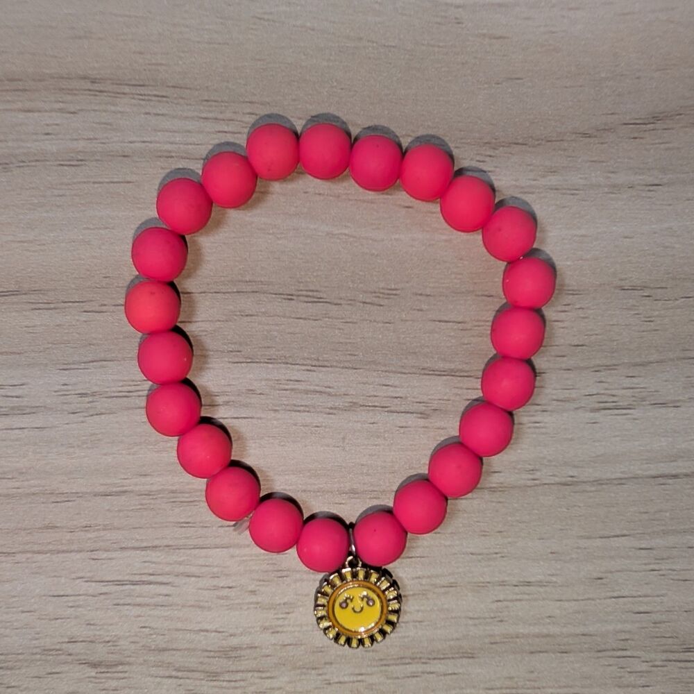 Neon Pink Beaded Stretch Bracelet Smiley Face Charm Fun Cute Jewelry